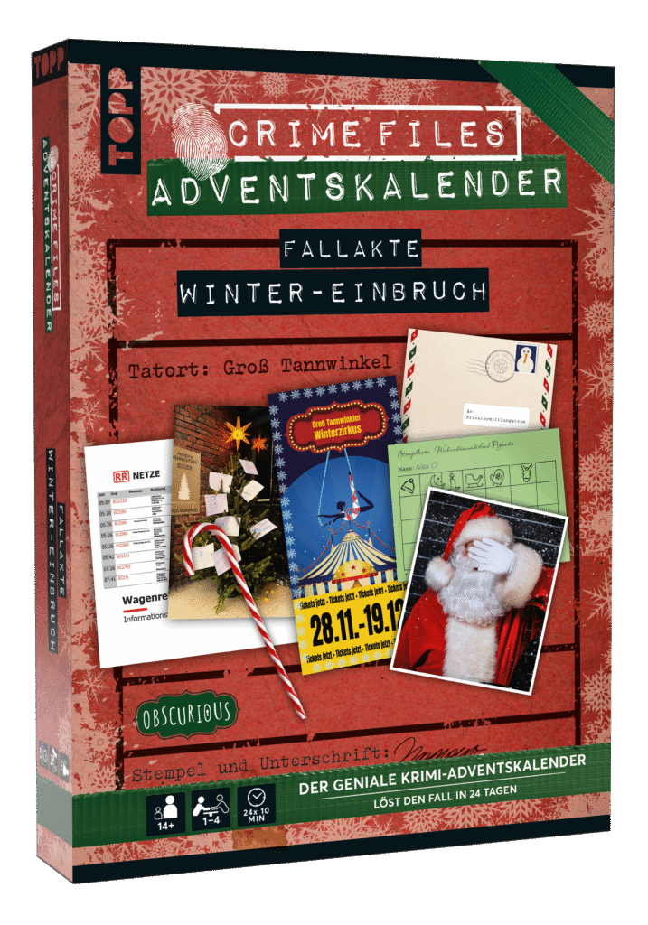 Das Krimi-Adventskalender-Rätselspiel Winter-Einbruch aus der Reihe Crime Files enthält verschiedene Fallunterlagen, einen Zirkusflyer und ein Foto vom Weihnachtsmann.